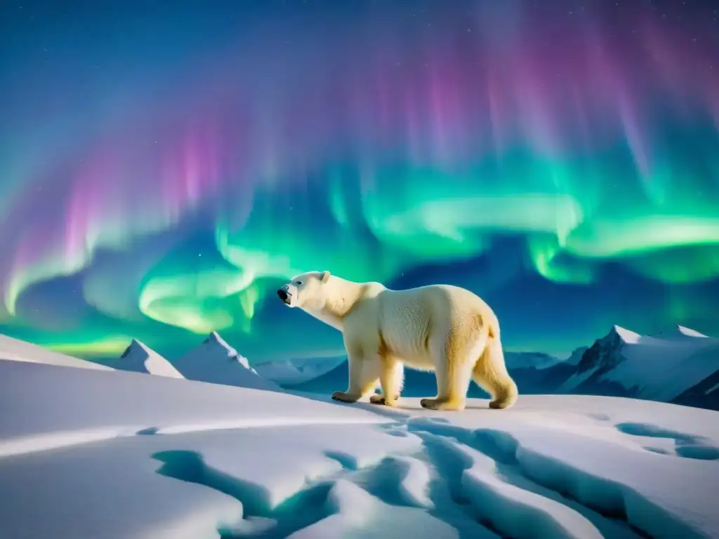 La importancia del oso polar en los mitos del Ártico, reflejada en esta majestuosa ilustración vintage bajo las luces del norte