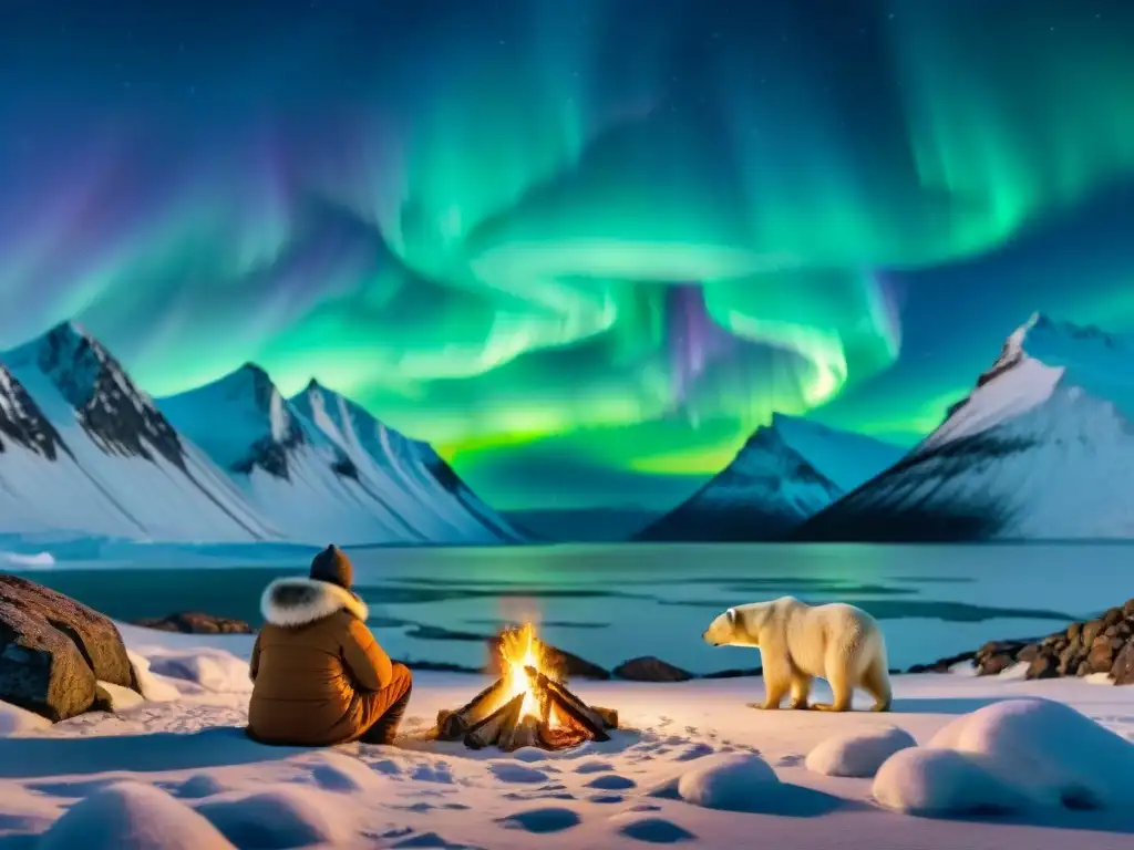 Importancia del oso polar en los mitos del Ártico, tribu escucha historia alrededor de fogata bajo auroras boreales