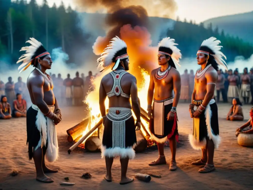 Importante ceremonia tribal en el bosque: miembros vestidos tradicionalmente alrededor de una hoguera, unidos en danza