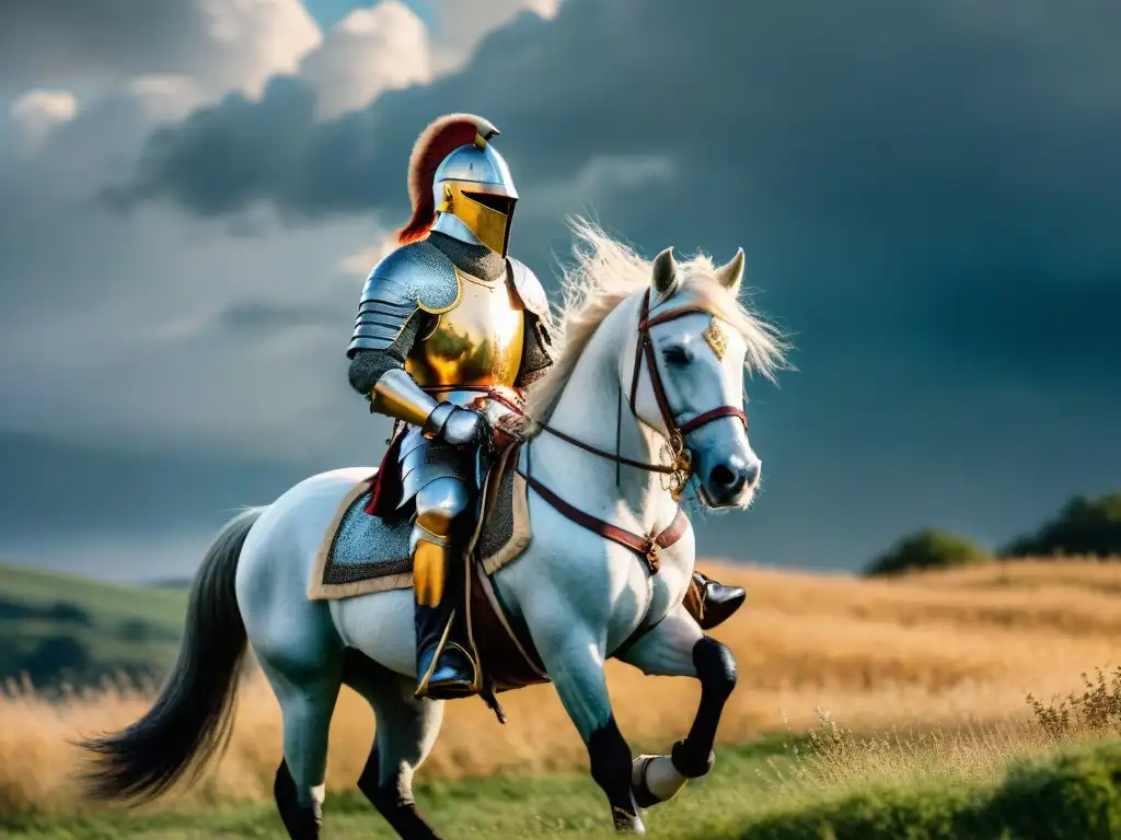 Impresionante arte de la guerra a caballo: un caballero medieval en armadura, montado en un corcel, avanzando valientemente hacia la batalla