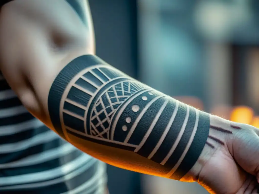 Un impresionante brazo con tatuajes tribales y cicatrices, cada uno con un significado cultural único