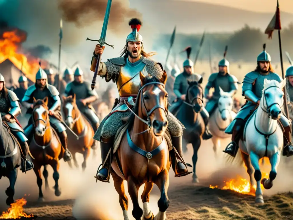 La furia de Attila: épica horda huno en batalla Impresionante ilustración detallada de Attila el Huno liderando una feroz carga de caballería en batalla, con soldados romanos huyendo en caos