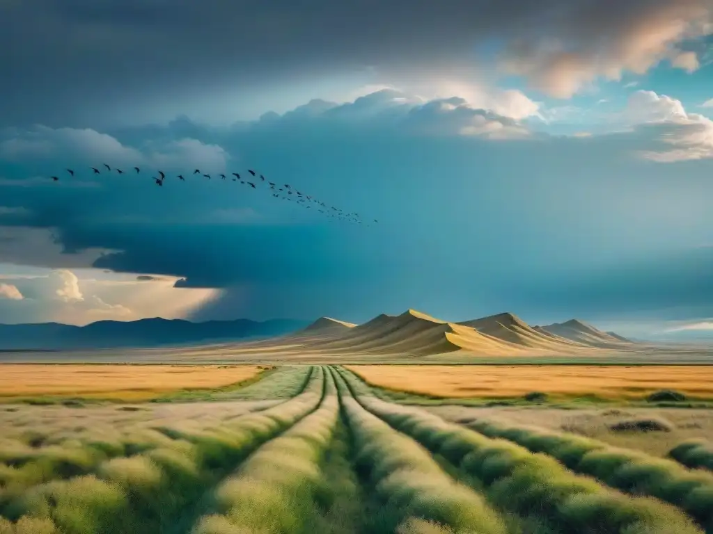 Impresionante estepa dorada con aves migratorias en formación bajo cielo nublado, destaca la adaptación de especies migratorias climáticas