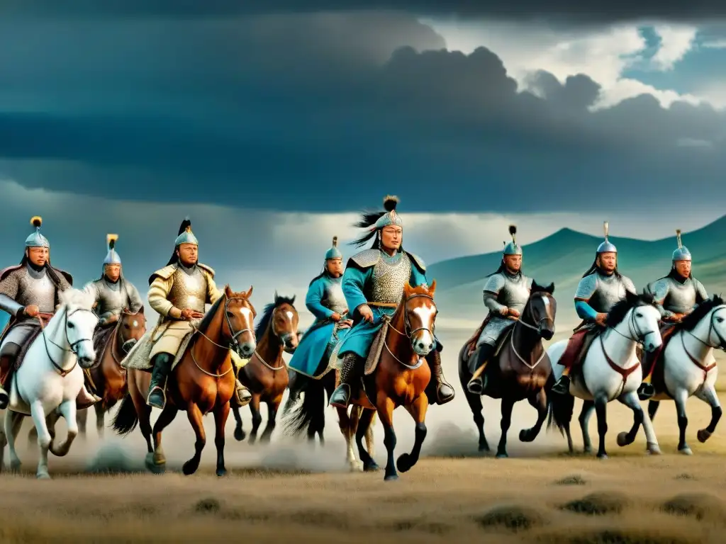 Impresionante ilustración vintage de Genghis Khan y su ejército mongol cabalgando en la estepa bajo un cielo tormentoso