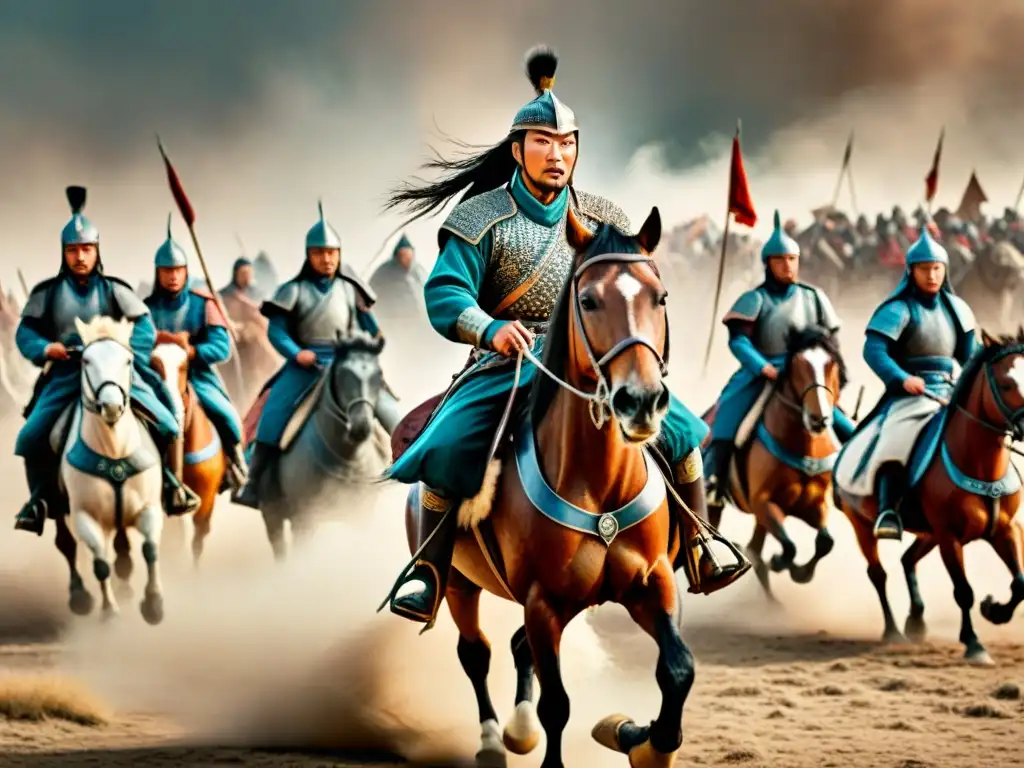 Impresionante ilustración vintage de Genghis Khan liderando a sus guerreros mongoles en una feroz batalla