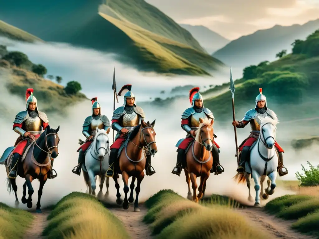 Conquista Hunnic: Guerreros en expansión Impresionante imagen de Hunos conquistadores a caballo en paisaje variado, expresando poder y legado de territorios anexados nómadas