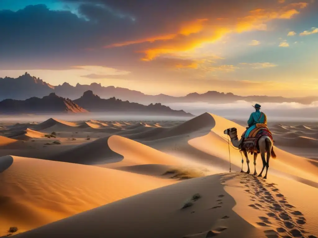 Impresionante tapiz vintage con influencias de arte y simbolismo nómada, reflejando la diversidad y la unidad en un viaje por desiertos