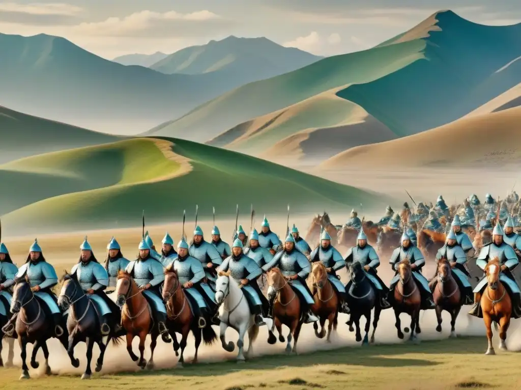 Impresionante ilustración vintage de Genghis Khan liderando una vasta descendencia de tribus nómadas a través de Mongolia