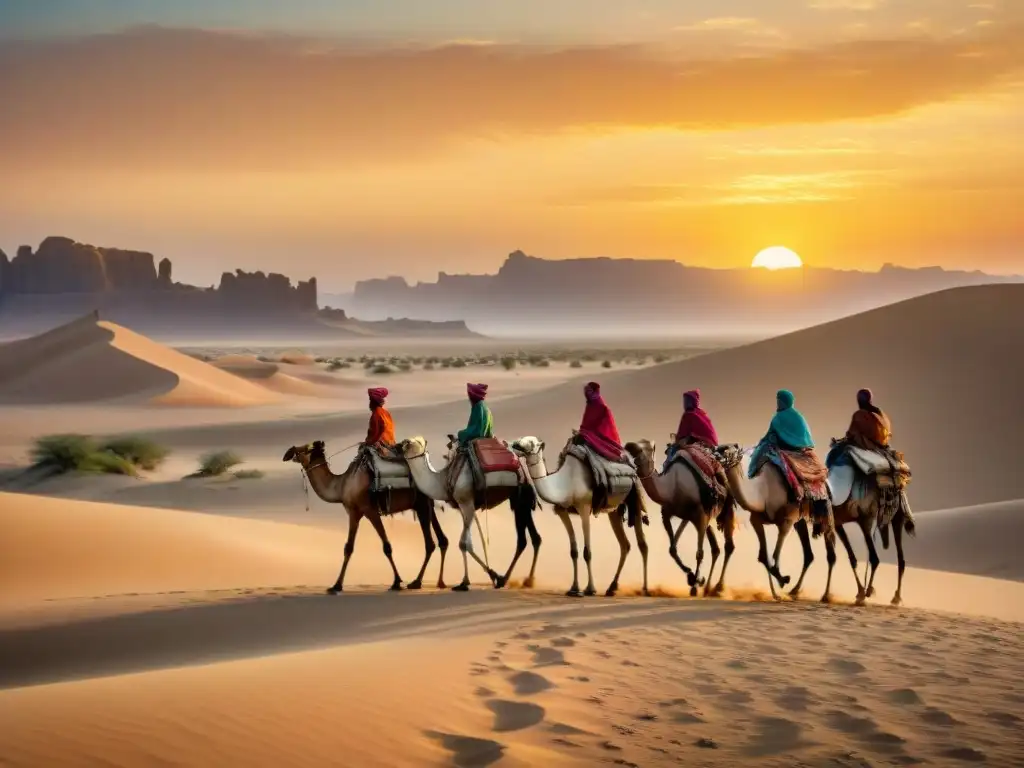 Un impresionante viaje de tribus nómadas a través de un desierto al atardecer, preservando la cultura