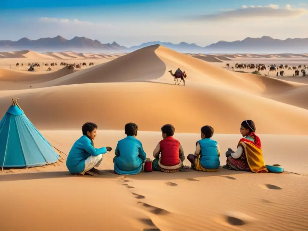 Infancia feliz jugando en tribus nómadas bajo el sol del desierto