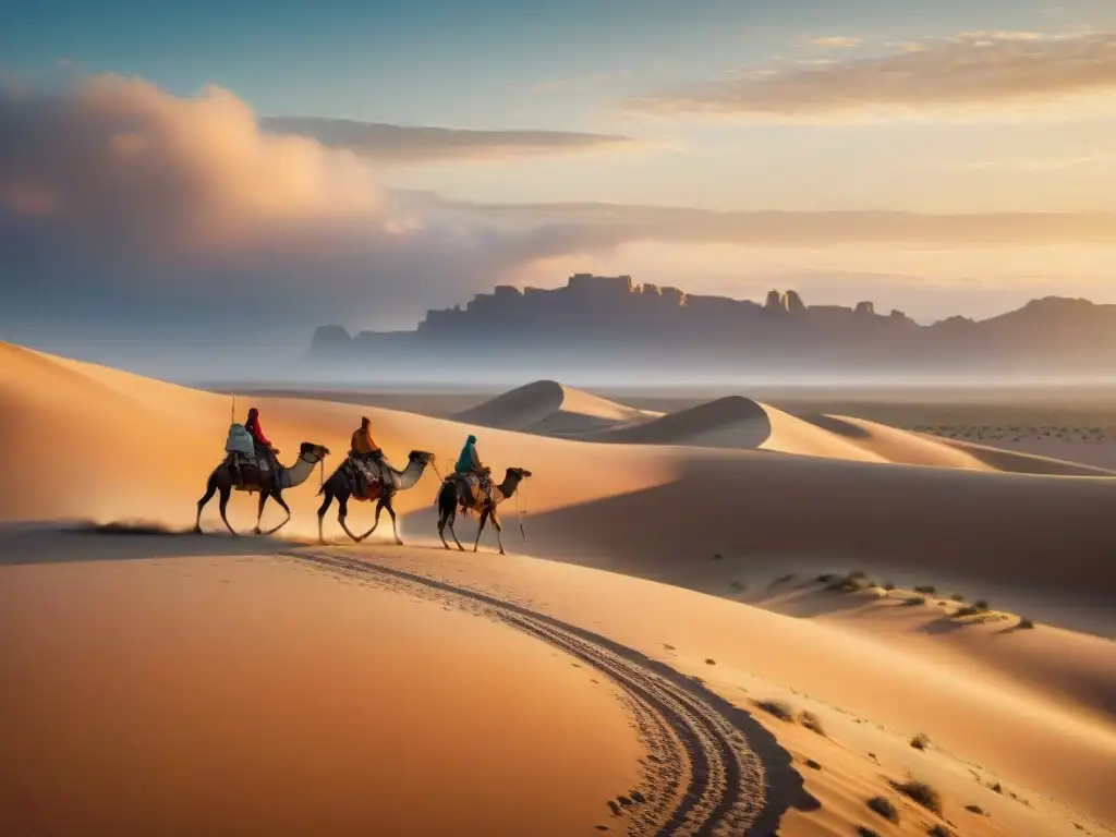 Influencia ancestral de tribus nómadas en la historia global, reflejada en la travesía por el desierto al atardecer