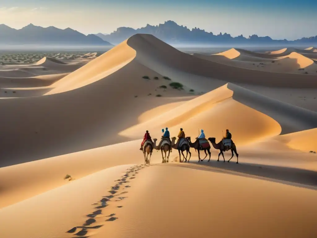 Influencia de la arquitectura nómada: Tribu nómada atraviesa dunas del desierto con camellos y tiendas bajo cielo azul