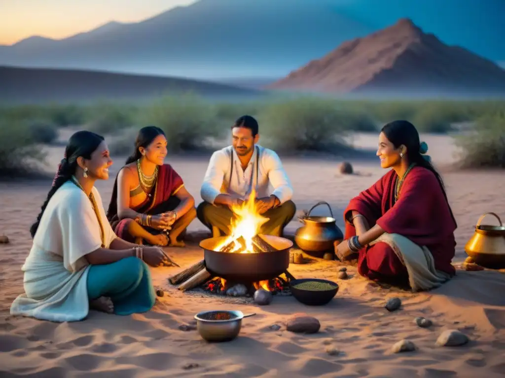Influencia culinaria de tribus nómadas alrededor de fogata estrellada en desierto