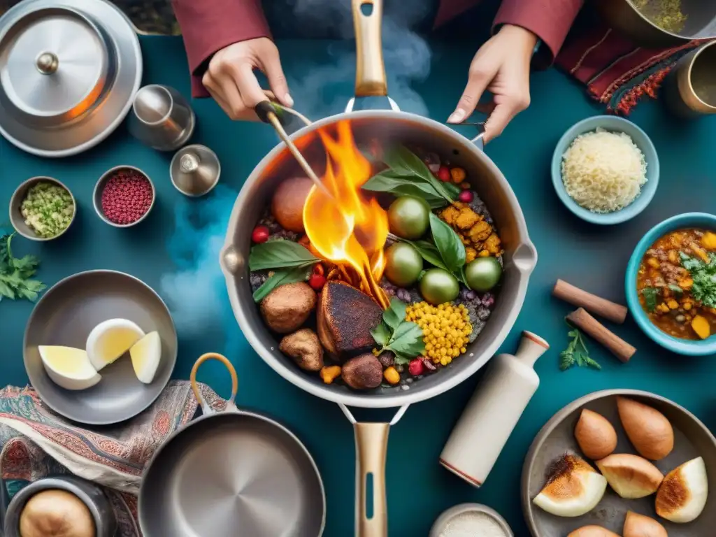 Influencia culinaria de tribus nómadas alrededor de fogata bulliciosa con utensilios de cocina tradicionales y coloridos textiles