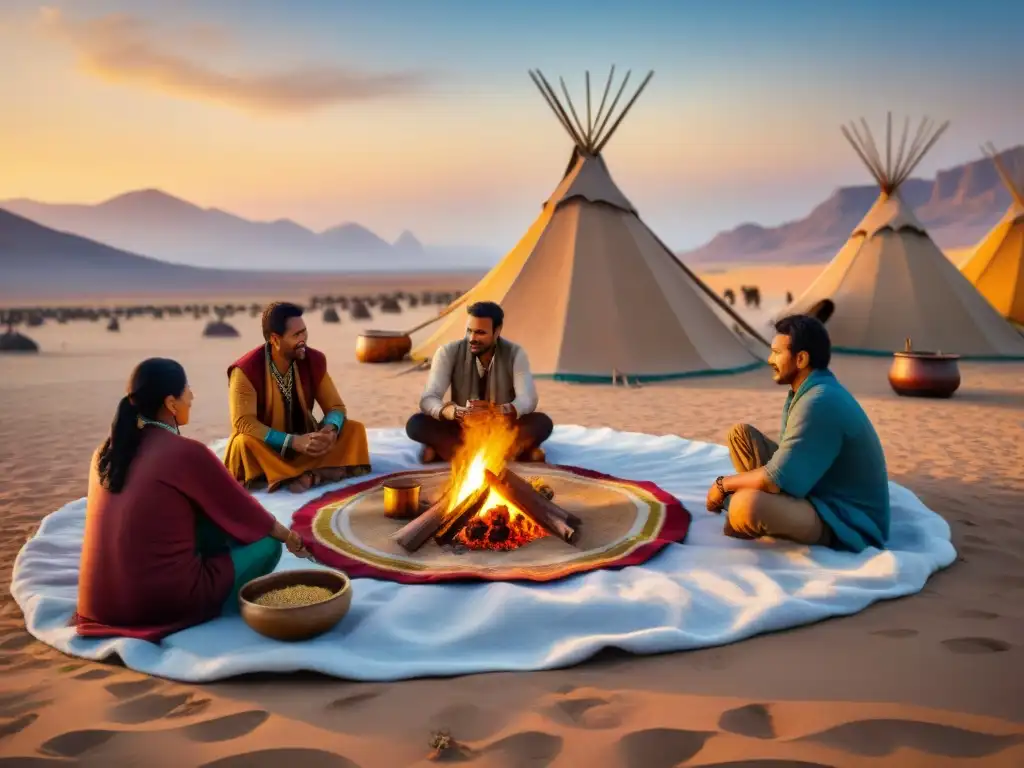 Influencia culinaria de tribus nómadas compartiendo una comida alrededor de una fogata en el desierto al atardecer