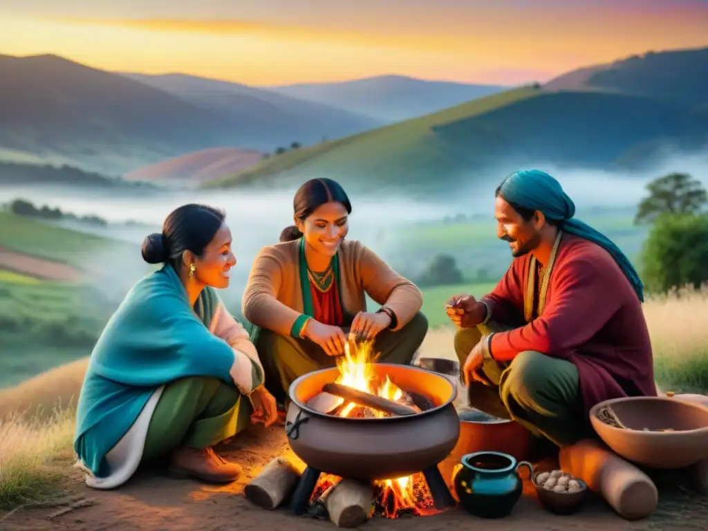 Influencia culinaria de tribus nómadas cocinando alrededor de fogata en colinas al atardecer