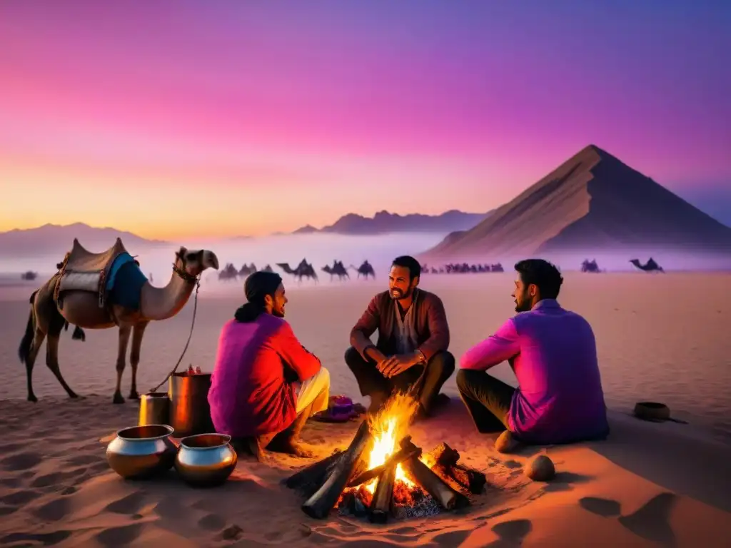 Influencia culinaria de tribus nómadas cocinando en el desierto al atardecer