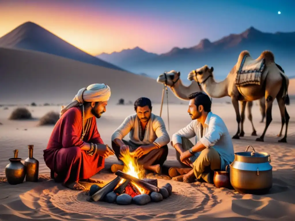 Influencia culinaria de tribus nómadas cocinando en desierto bajo cielo estrellado