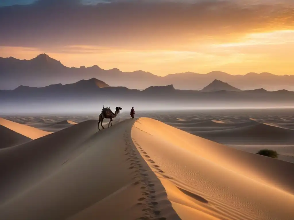 Influencia nómada geopolítica presente: Solitario nómada en caravana de camellos bajo un vibrante atardecer en el desierto