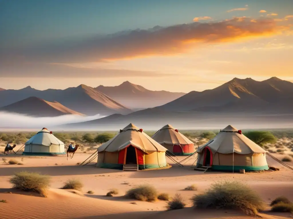 Influencia nómada en gobernanza contemporánea: Detallada ilustración vintage de un desierto al atardecer con tribu nómada y skyline urbano emergente