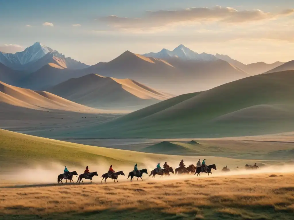 Influencia nómada en nombres lugares: Paisaje estepario con tribu nómada cabalgando al atardecer