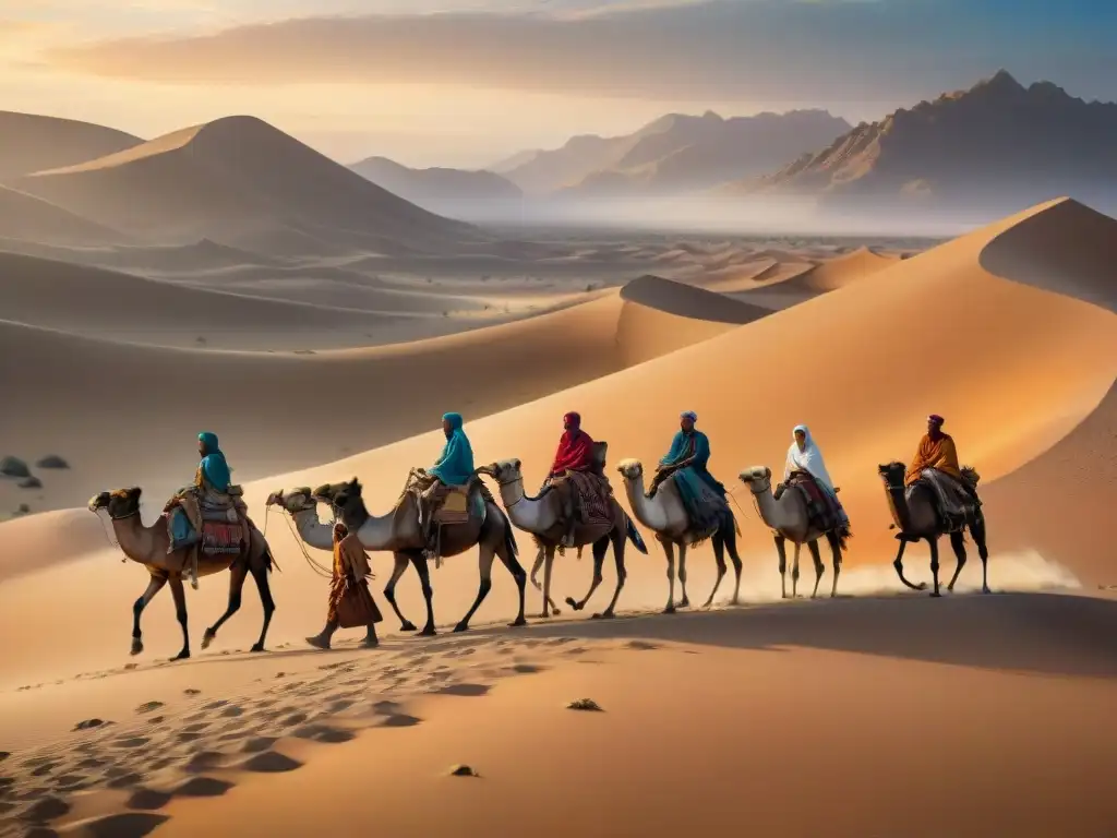 Influencia nómada en paisaje desértico con tiendas de colores, campamento y camellos al atardecer