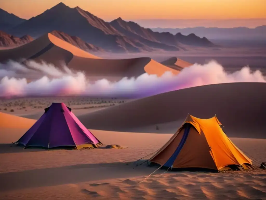 Influencia de tribus nómadas en la cultura moderna: Desierto al atardecer con tribu nómada en horizonte bajo un cielo cálido y colorido