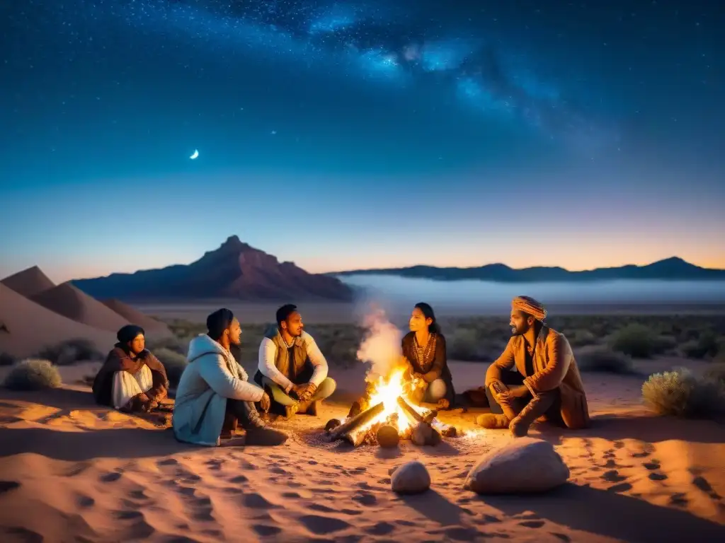 Influencia de las tribus nómadas en la cultura moderna: Comunidad alrededor de la fogata en el desierto bajo un cielo estrellado