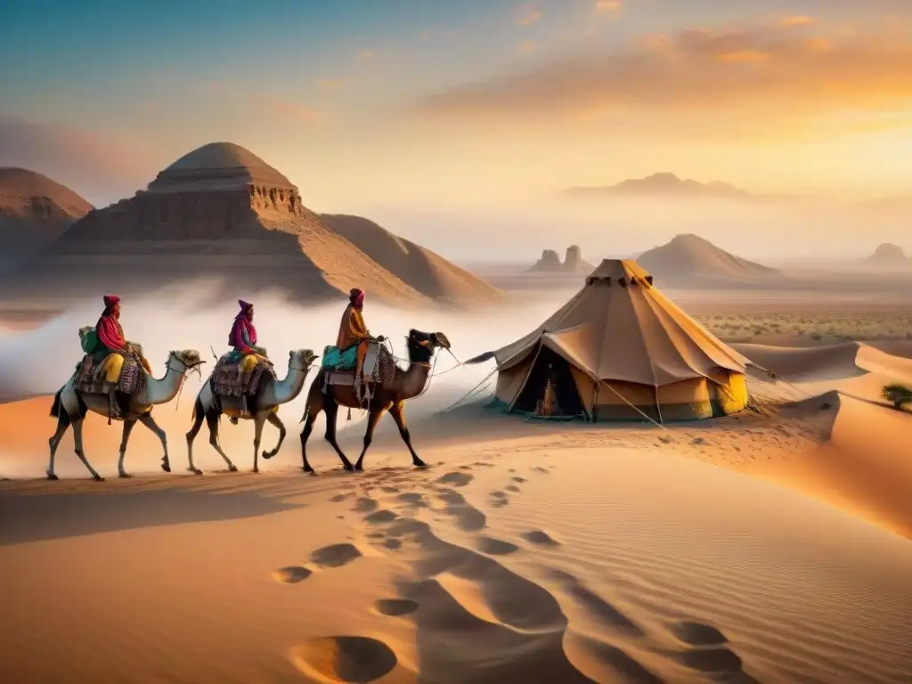 Influencia de tribus nómadas en la sociedad contemporánea: Tribu nómada recorriendo desierto estrellado con tiendas y camellos
