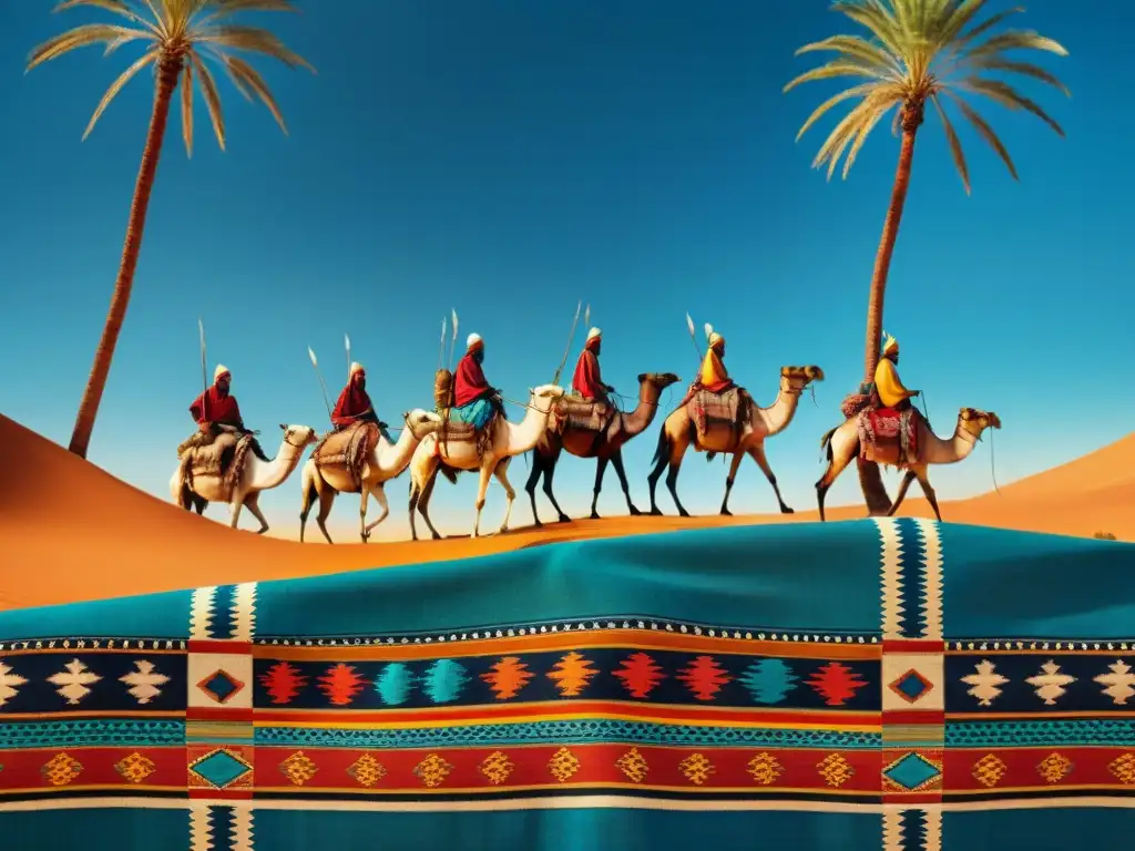 Influencia de tribus nómadas en la sociedad contemporánea: tapiz vintage de tribu nómada cruzando desierto con oasis