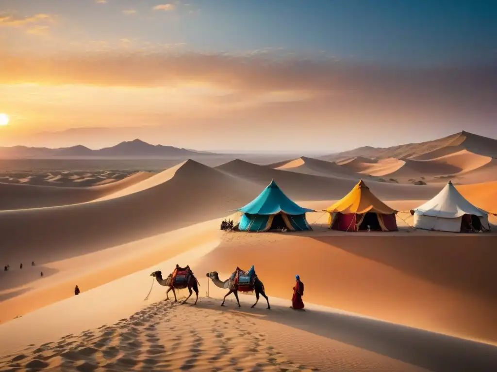 Influencia de tribus nómadas en la sociedad contemporánea: Escena vibrante de un mercado en el desierto al atardecer con comerciantes y camellos