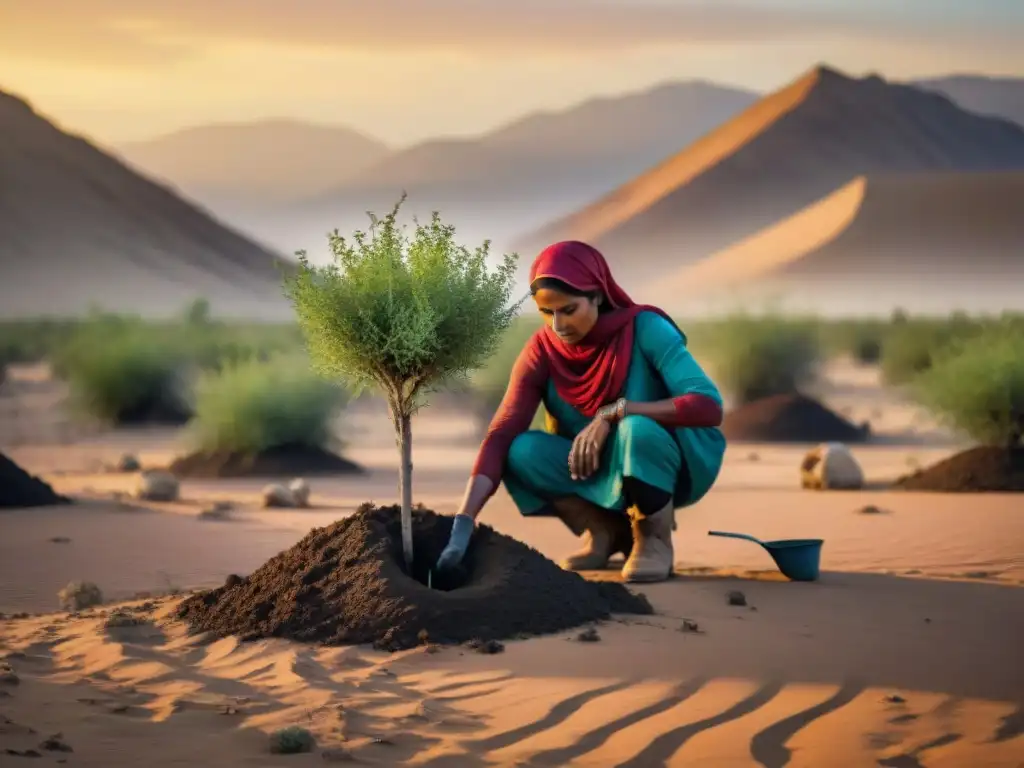 Iniciativas nómadas desertificación reforestación: Comunidad plantando árboles en un desierto al atardecer