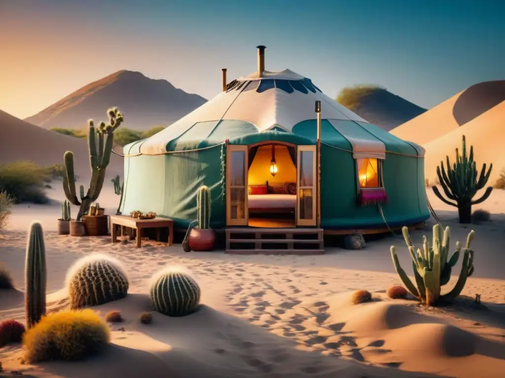 Innovaciones arquitectura viviendas nómadas: Yurta en desierto al atardecer, decorada con textiles coloridos