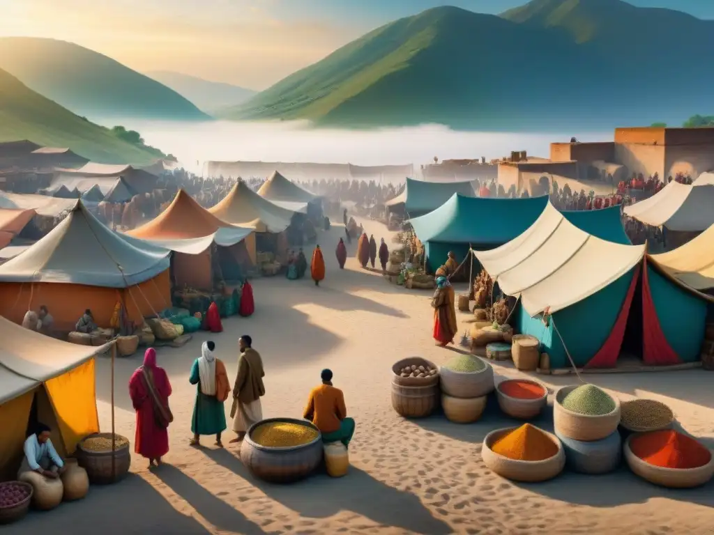 Mercado multicultural: intercambio entre nómadas y sedentarios Intensa convergencia entre culturas nómadas y sedentarias en bullicioso mercado