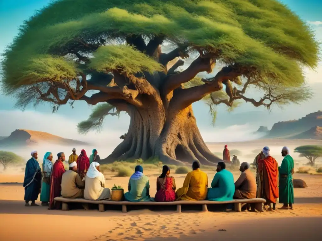 Intenso diálogo entre alianzas nómadas y sedentarios bajo árbol ancestral
