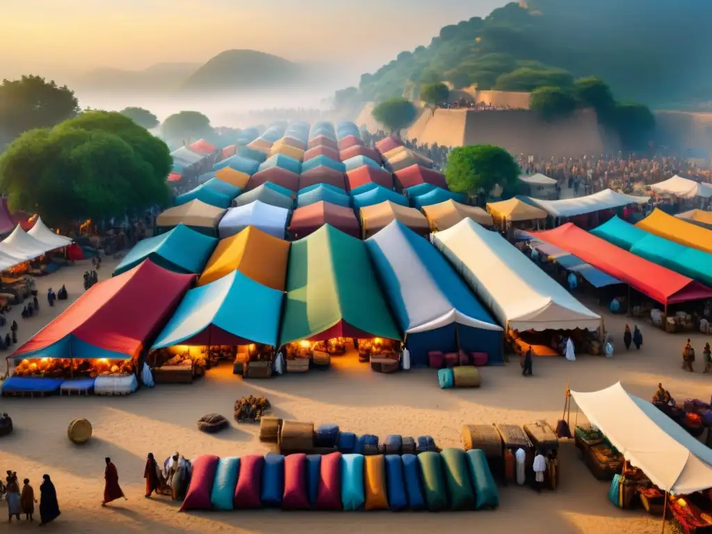 Mercado vibrante: intercambio cultural entre tribus nómadas y civilizaciones sedentarias Intenso encuentro cultural en mercado entre tribus nómadas y civ