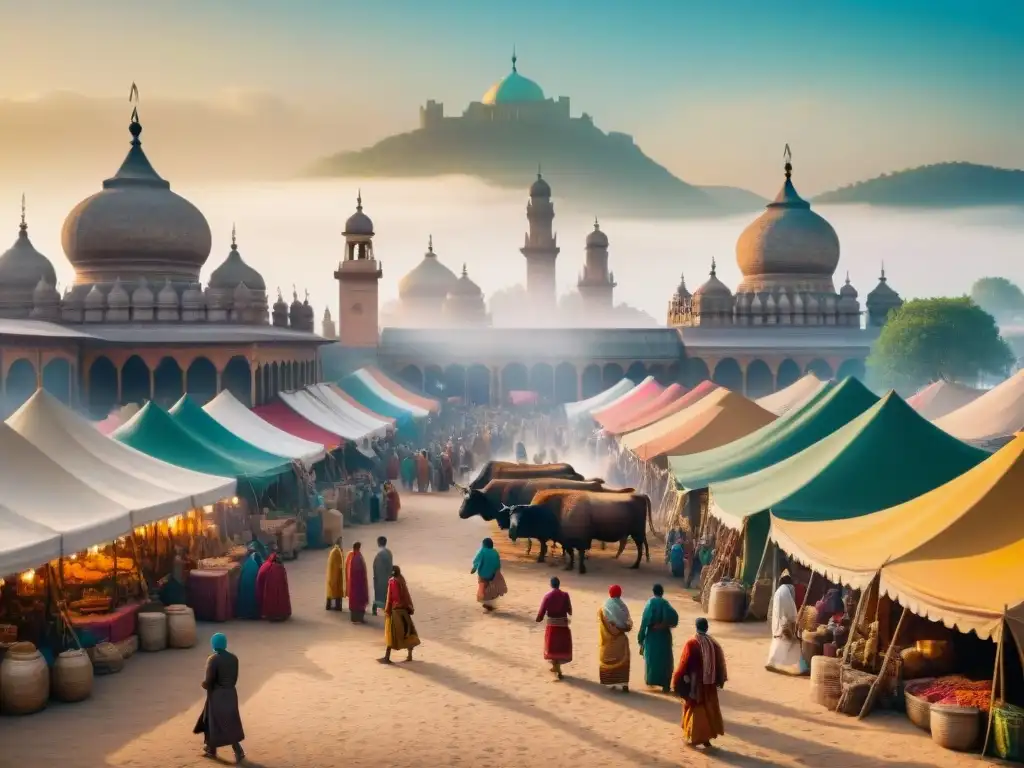 Mercado bullicioso: intercambio entre tribus nómadas y sedentarios Intenso intercambio cultural en mercado entre culturas nómadas y sedentarias