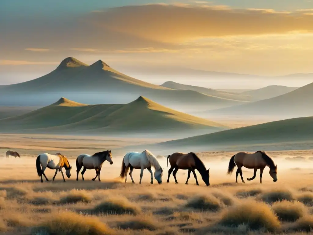 Interacciones entre especies en estepas: paisaje de estepa con caballos, lobos y águila en armonía al atardecer