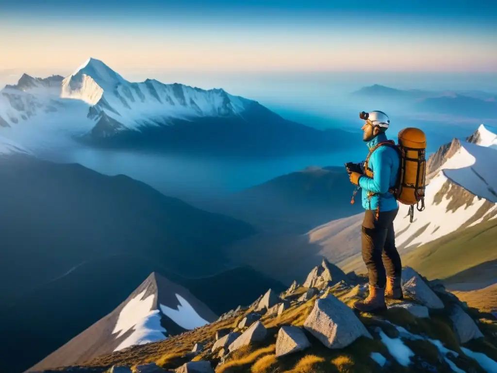 Un intrépido aventurero en la cima de una montaña, con los mejores satélites telefónicos para aventuras extremas