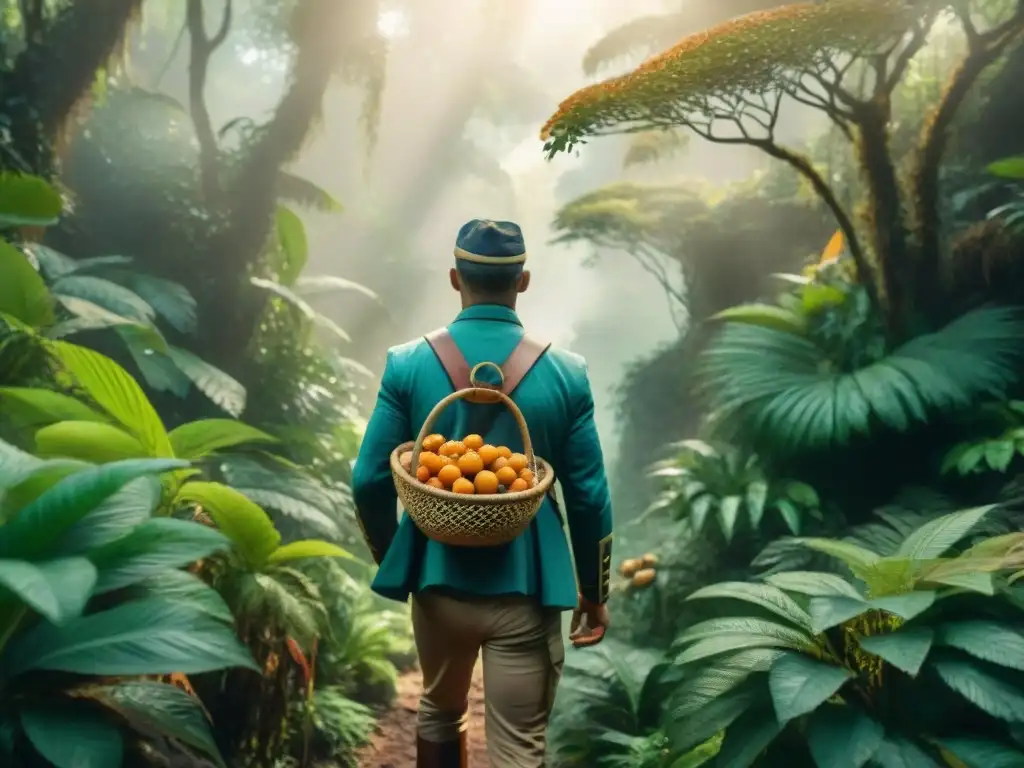 Un intrépido explorador recorriendo una exuberante selva con superalimentos ancestrales para aventureros