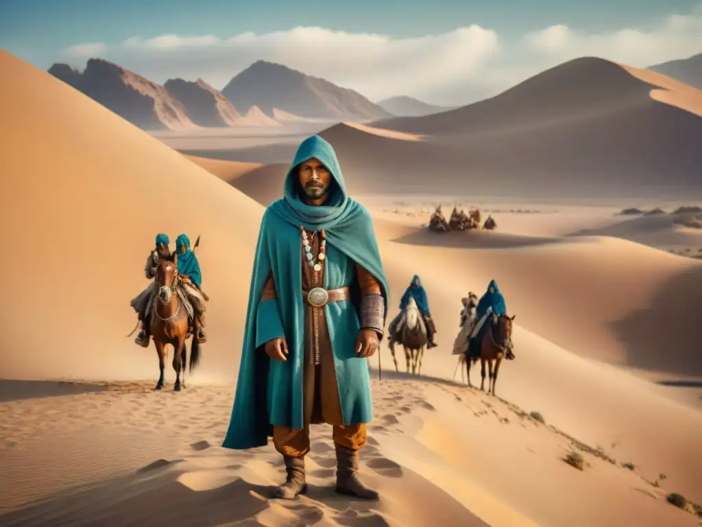Un intrincado espionaje en tribus nómadas: un grupo en el desierto con una figura misteriosa usando un catalejo