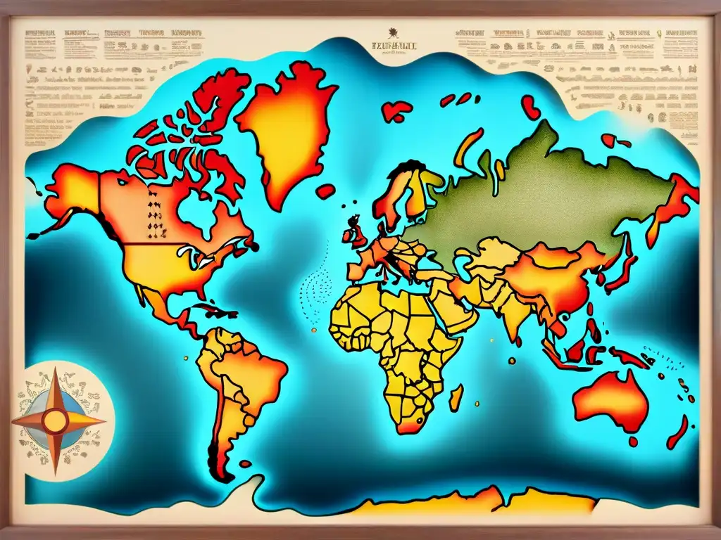 Intrincado mapa vintage de rutas de migración nómada en pergamino, rodeado de textiles tradicionales y símbolos culturales