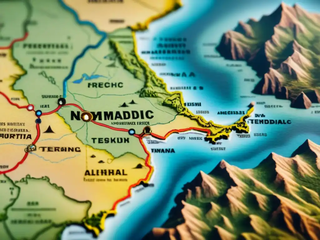 Intrincado mapa vintage de territorios tribales nómadas, marcado con rutas detalladas y campamentos ocultos en paisajes desérticos