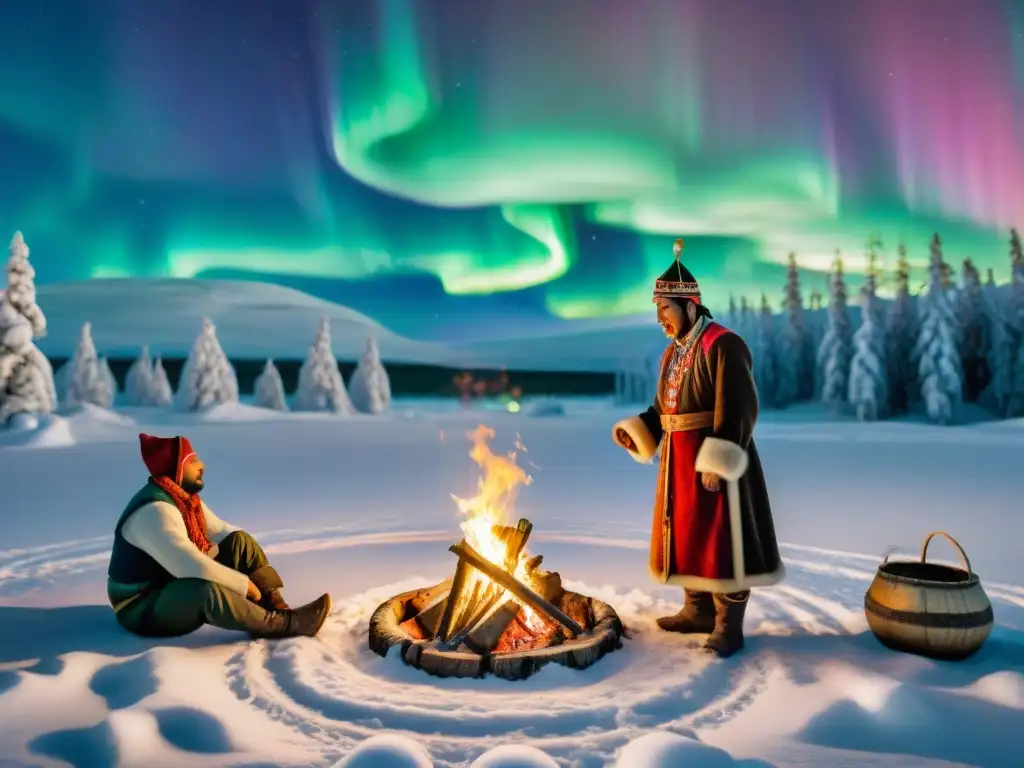 Celebración invernal de costumbres festivas de tribus nómadas Sami alrededor de una fogata bajo la aurora boreal