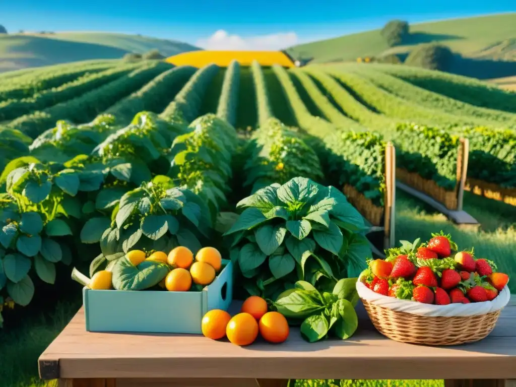 Un jardín exuberante y colorido con frutas y verduras, bañado por el sol