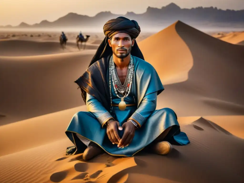 Jefe tribal Tuareg en camellos con atuendo tradicional, simbolismo ceremonias gobernanza tribus nómadas en desierto al atardecer