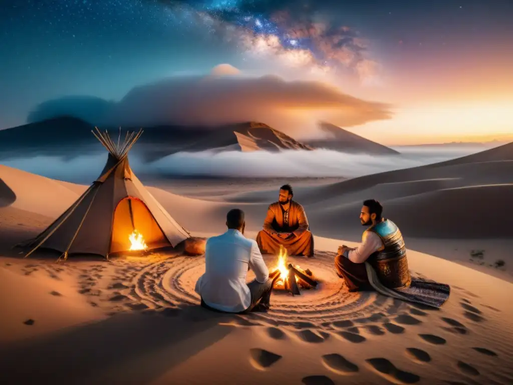 Jefes nómadas iluminados por fogata en desierto, transmitiendo sabiduría ancestral