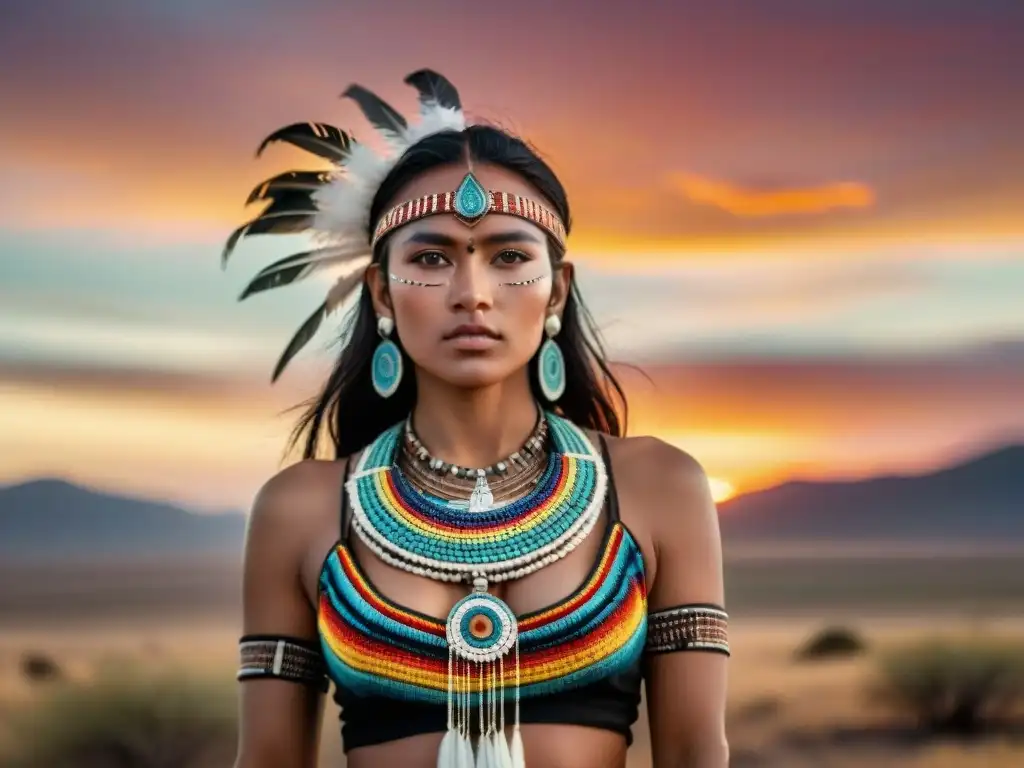 Una joven de Descendientes de las Tribus de las Estepas, vistiendo atuendo tribal, orgullosa en la vasta estepa al atardecer