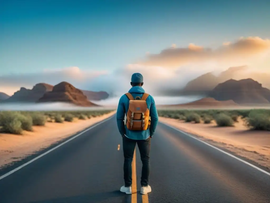 Un joven con mochila en un camino solitario de desierto bajo cielo azul