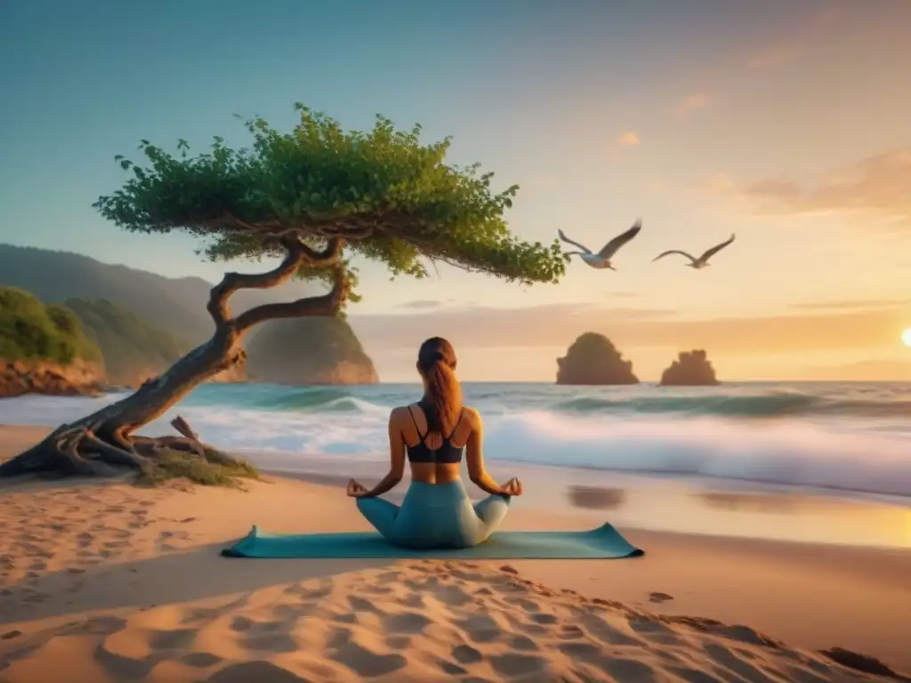 Una joven nómada haciendo yoga al amanecer en una playa remota